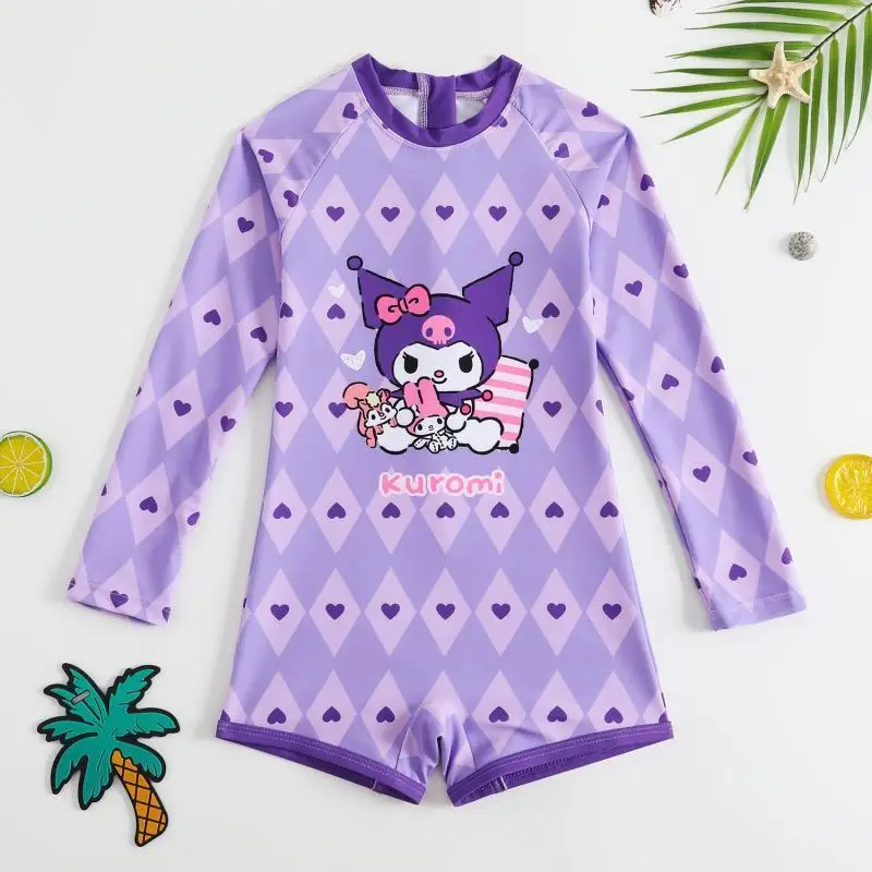 ملابس سباحة للفتيات من Sanrios ملابس سباحة عصرية كورومي كارتونية للأطفال بأكمام طويلة ملابس سباحة مسطحة للعطلات الصيفية مريحة عالية الجودة