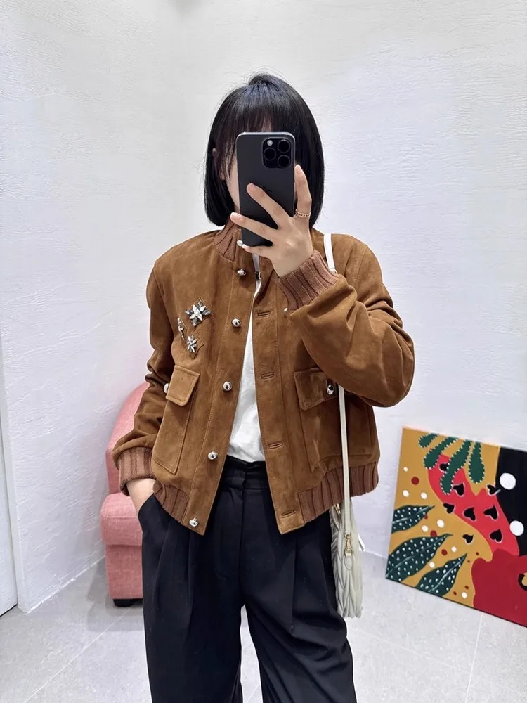 Autumn Luxury Real Sheepskin Womens Short Jacket Round-Neck Baseball Outerwear Coat Diamond Shiny Design Genuine Leather Jackets