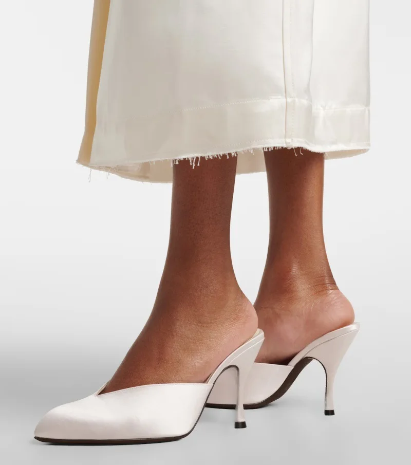 

New Women Satin Mule Heels V Cutout Vamp Point Toe Backless Slides Unique Curved Shaft Stiletto Elegant Women