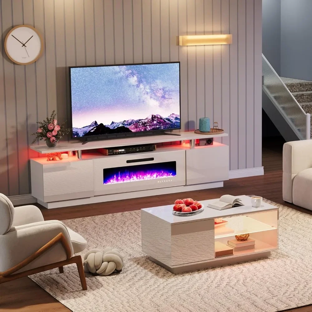 โมเดิร์น High GLOSS ห้องนั่งเล่นชุดโต๊ะ 3, รวม 80 "2 ชั้นเตาผิงขาตั้งทีวี,ไฟ LED Media Entertainment Center ชุด