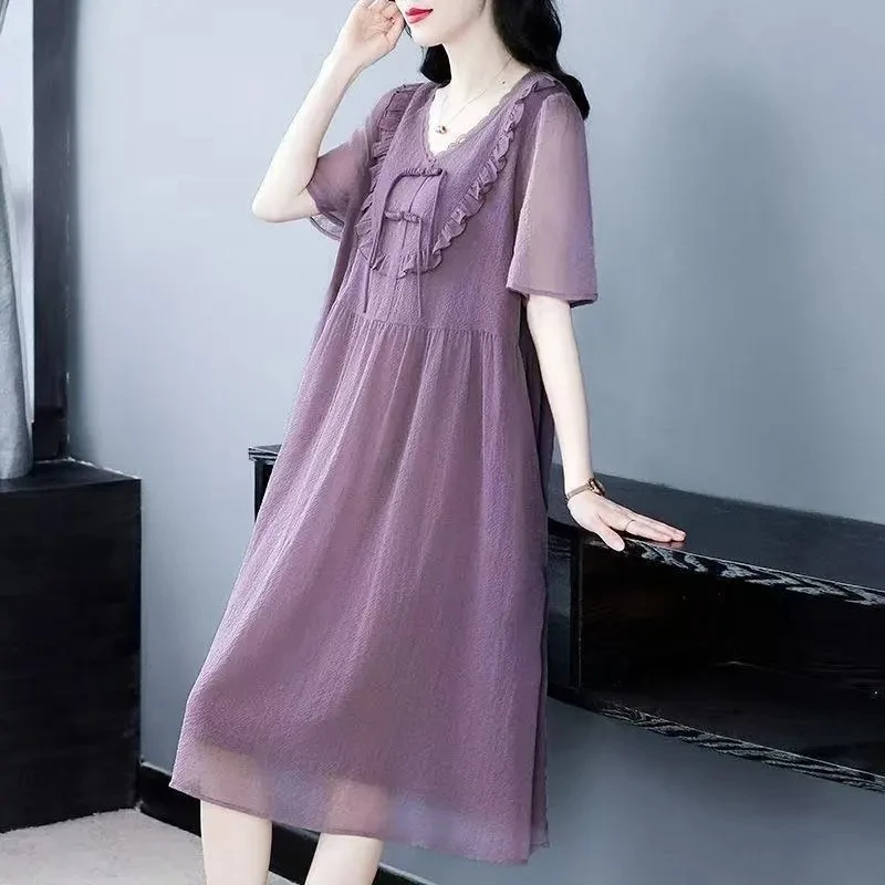 

Summer New 2025 Dress Women Fashion V-neck Chiffon Short-sleeved Dress Korean Loose Cover The Meat Dresses Female.
