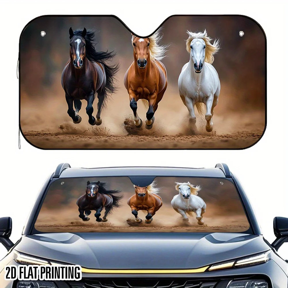 1pc 2D Flat Running Horses In The Sand And Dust Design Car Sunshade – Stylish & Efficient, Keeps Your Vehicle Cool, Includes 4 S