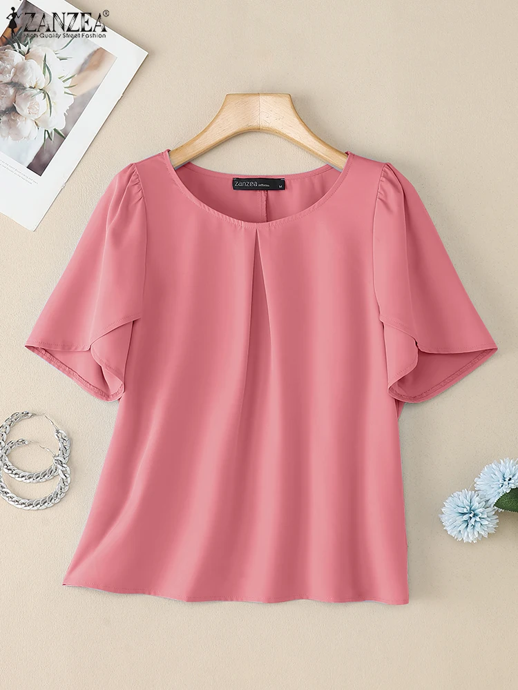 

Women Summer OL Work Blouse ZANZEA Elegant Short Petal Sleeve Tops Stylish Office Shirt Solid O Neck Tunic Blusas Mujer Femme