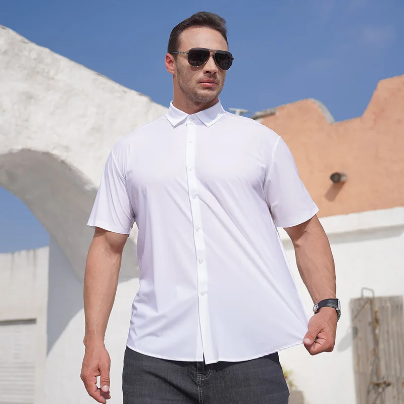 Plus size 12xl 160kg verão masculino sólido camisa de seda gelo manga curta casual camisas soltas oversize preto branco camisas de escritório