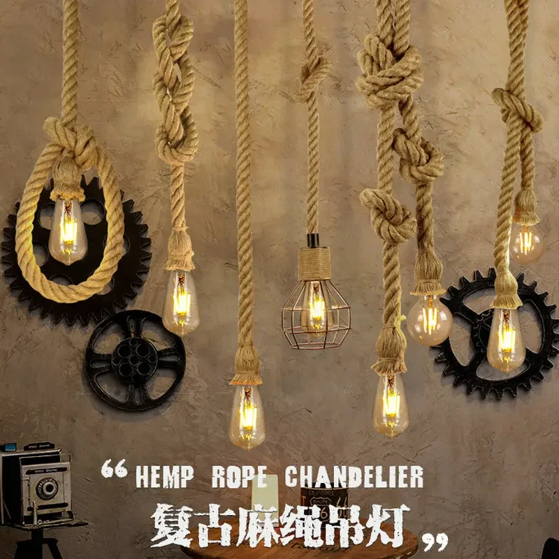 Retro Industrial Style Single Double Heads Hemp Rope Chandelier American Industrial Chandelier Ceiling Lamps E27 Edison LED