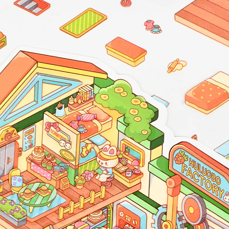 Large size handcrafted Easter Bunny Carrot Chocolate Factory miniaturized scene stickers