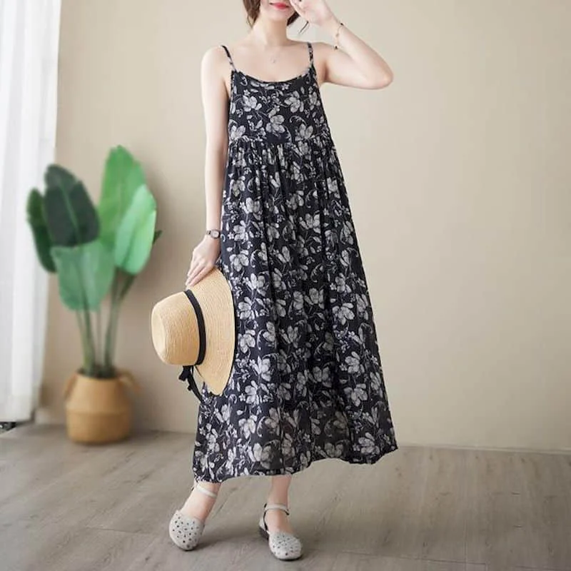 Women Dresses Vintage Summer Floral Printed Sleeveless A-line Casual Loose Korean Fashion  Mid-Calf  Dress for Women Clothing