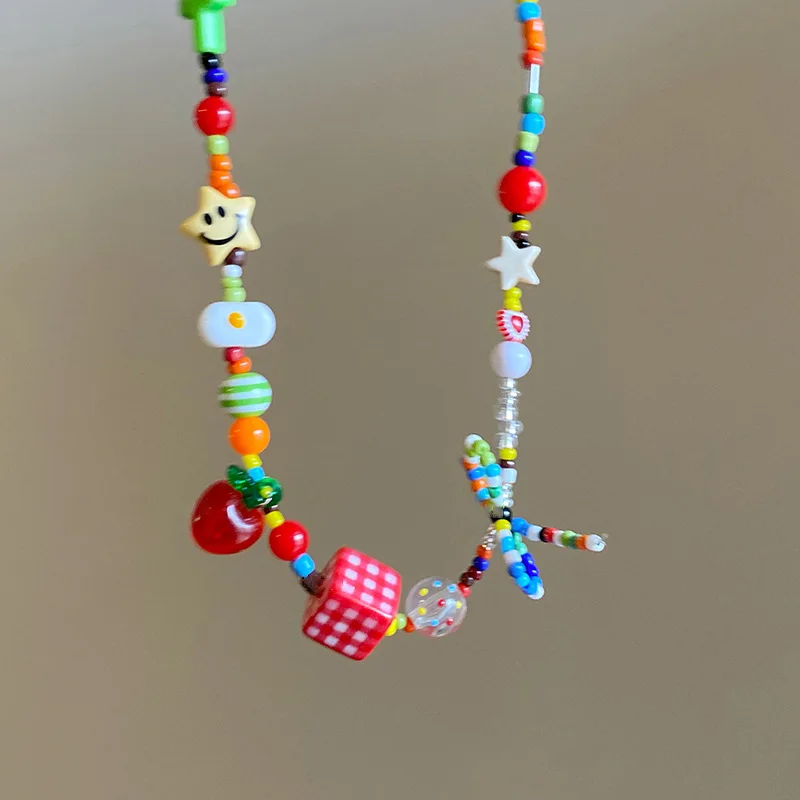 لطيف ملون الكرتون الفاكهة القوس الخرز المختنقون القلائد للنساء الفتيات الحلو 2000s Y2K مجوهرات الحفلات اكسسوارات الجمالية F