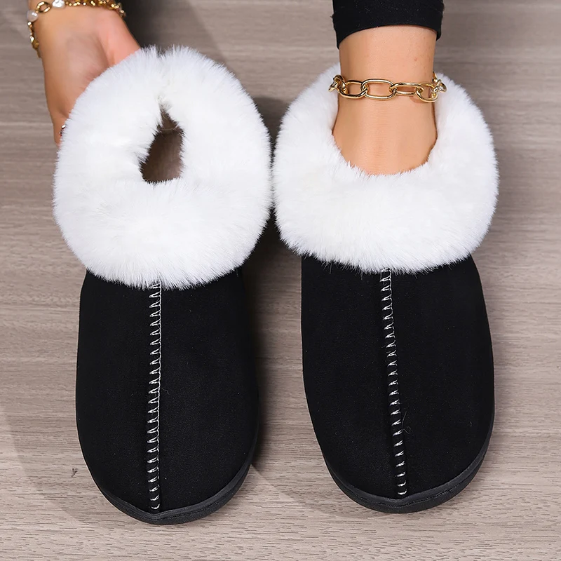 2024 Winter Warm Home Fur Slippers Women Luxury Faux Suede Plush Couple Cotton Shoes Indoor Bedroom Flat Heels Fluffy Slippers