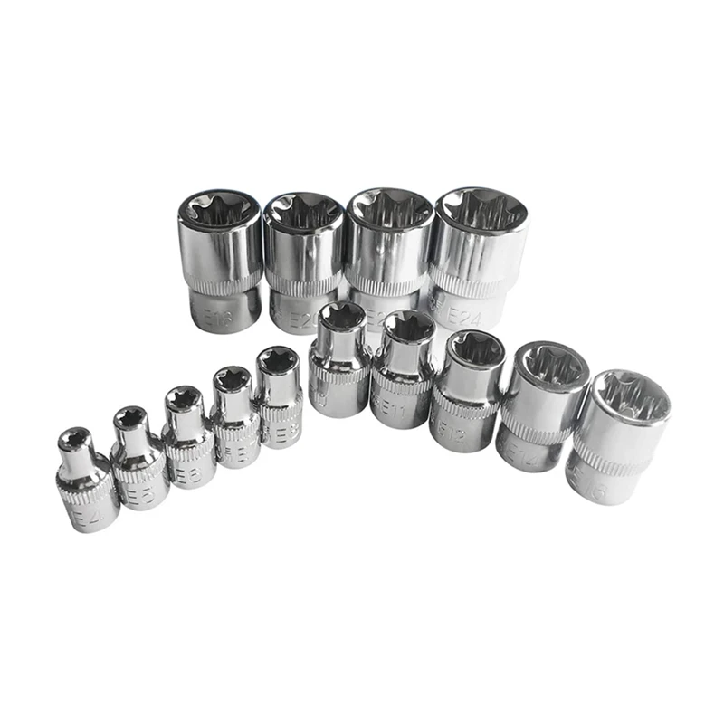 

Torx Socket Set Kit Parts Tamper Proof Torx Star Bit Torque Female E-Socket Set E4-E24 1/4 Inch 3/8 Inch 1/2 Inch Drive 14Pcs