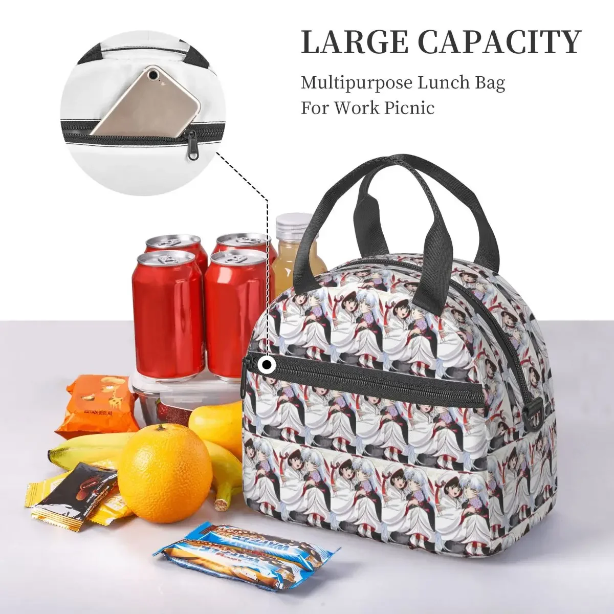 Manga Kimono Inuyasha Sesshomaru Insulated Lunch Bag for Women Kids Portable Food Boxes Thermal Lunch Box Tote view 5