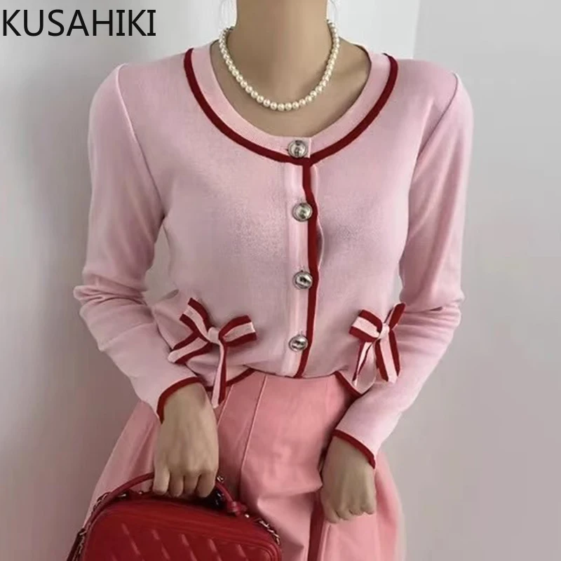 

KUSAHIKI Korean Chic Autumn Round Neck Three-dimensional Bow Design Versatile Long Sleeved Knitted Cardigan Jacket for Women