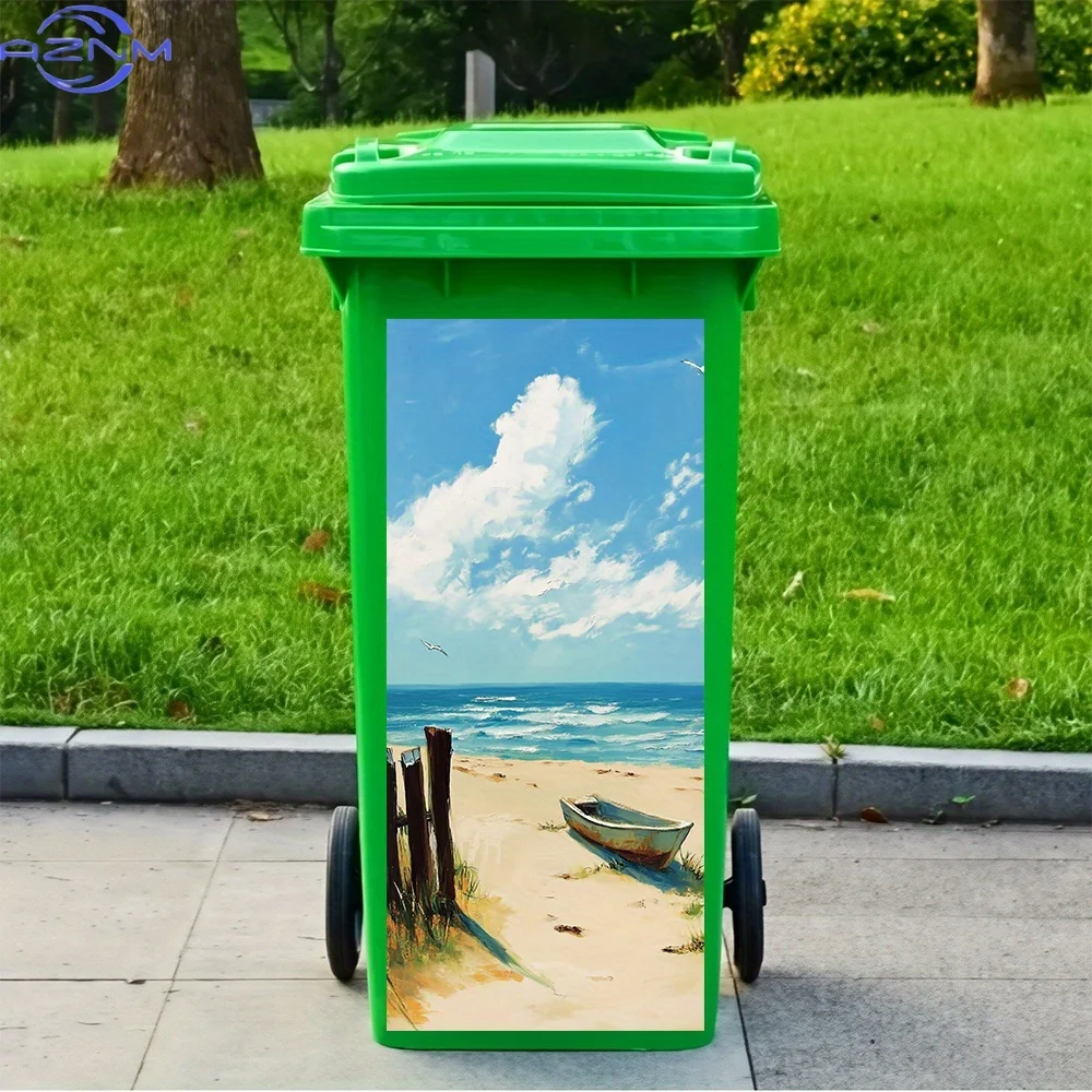 1pc, beach fence and boat digital print theme, trash can sticker, self-adhesive PVC decal, outdoor waterproof, suitable for bi