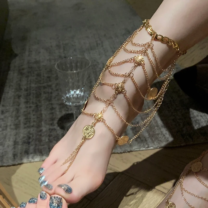 Bohe Exotic Coins Multilayer Chain Anklet for Women Charm Ethnic Summer Beach Party Feet Chain Female Dance Jewelry Accessories