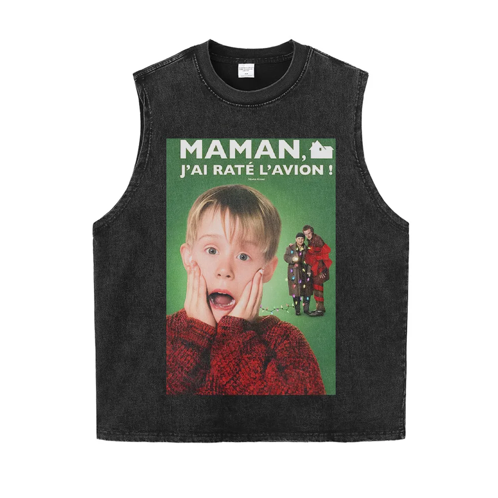 

100% Cotton Washed Tank Top Men Waistcoat Streetwear Oversized Movie Sleeveless T-Shirt Boy Graphic Print Summer Vintage Clothes