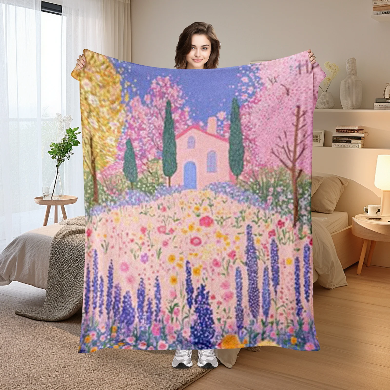 Coperta con paesaggi floreali per la casa degli alberi e il cielo blu per la decorazione domestica tranquilla e regalo unico per gli amanti della natura e gli adulti