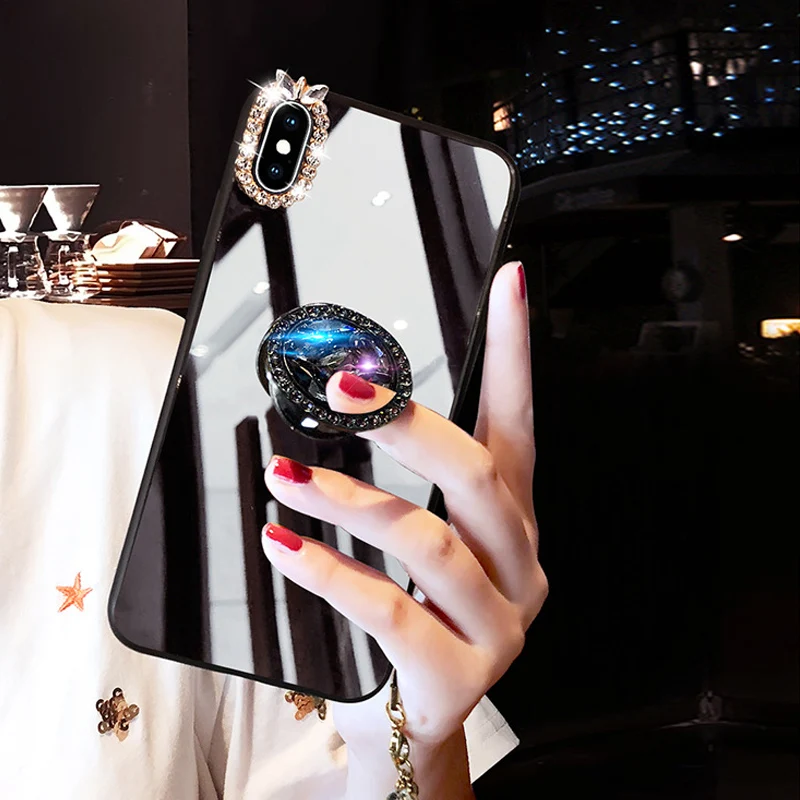 Mirror Rhinestone Makeup Women Phone Case For iPhone 16 15 Pro Max 15 Plus 15 Pro Diamond Finger Ring Cover