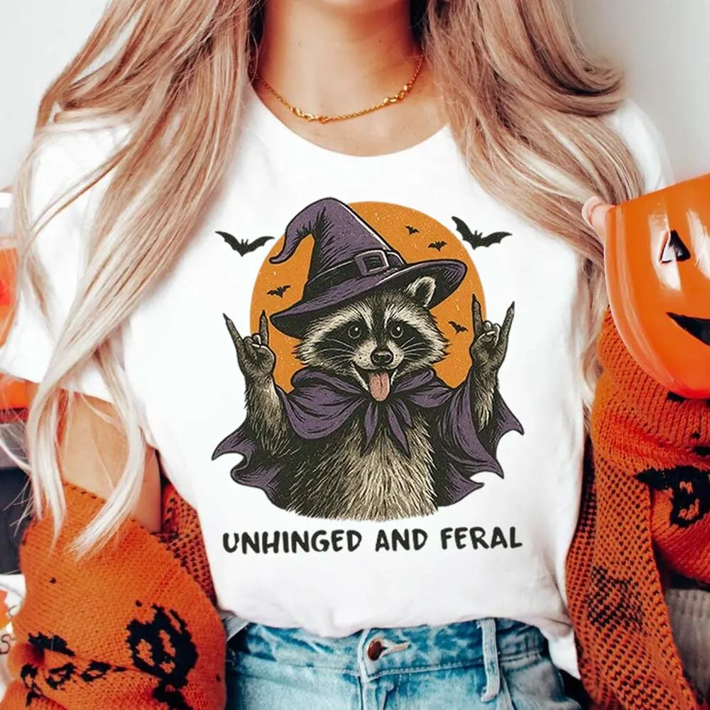 

Raccoon Cute Printed Halloween Pattern Street Fashion T-Shirt For Women Basic White Top Regular 90s Style Casual Retro T-Shirt