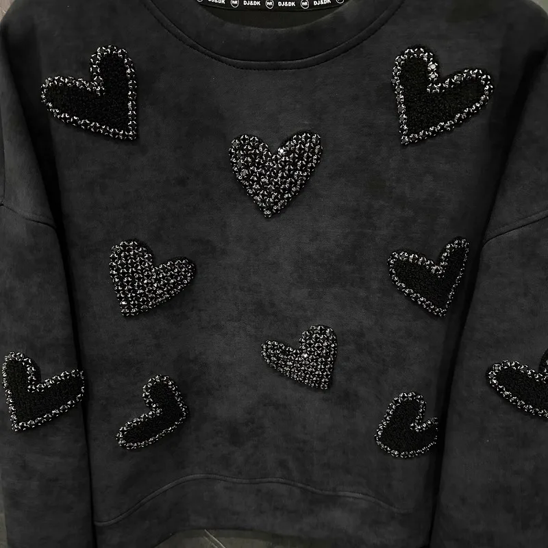 Unique Design Heavy Industry Flocking Love Diamond-encrusted Short O-Neck Sweatshirt Women\'s New Loose Fashion Design Top Hoodie