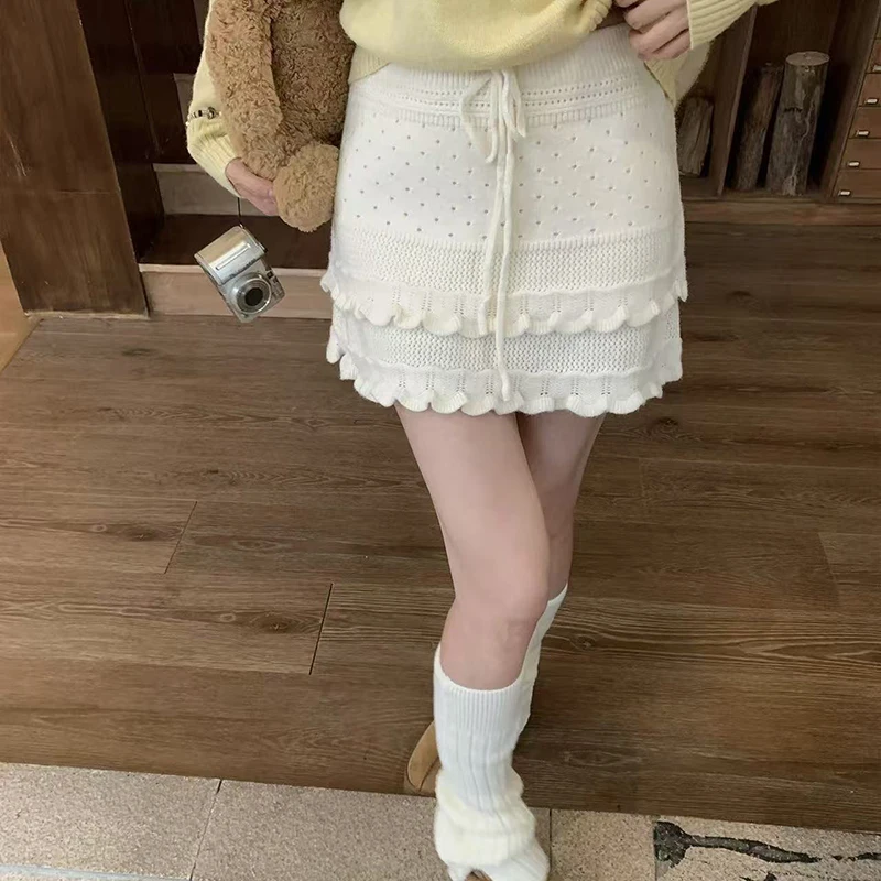 

Japanese Sweet Knit Mini Skirt Women High Waist Ruffle Patchwork Cake Skirts Autumn Kawaii Lace Up Harajuku A Line Casual Skirt