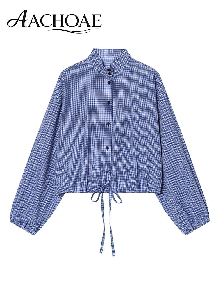 AACHOAE Women Plaid Cropped Shirt Drawstring Hem Long Sleeve Button Up Blouse Casual Stand Collar Oversized Checkered Top