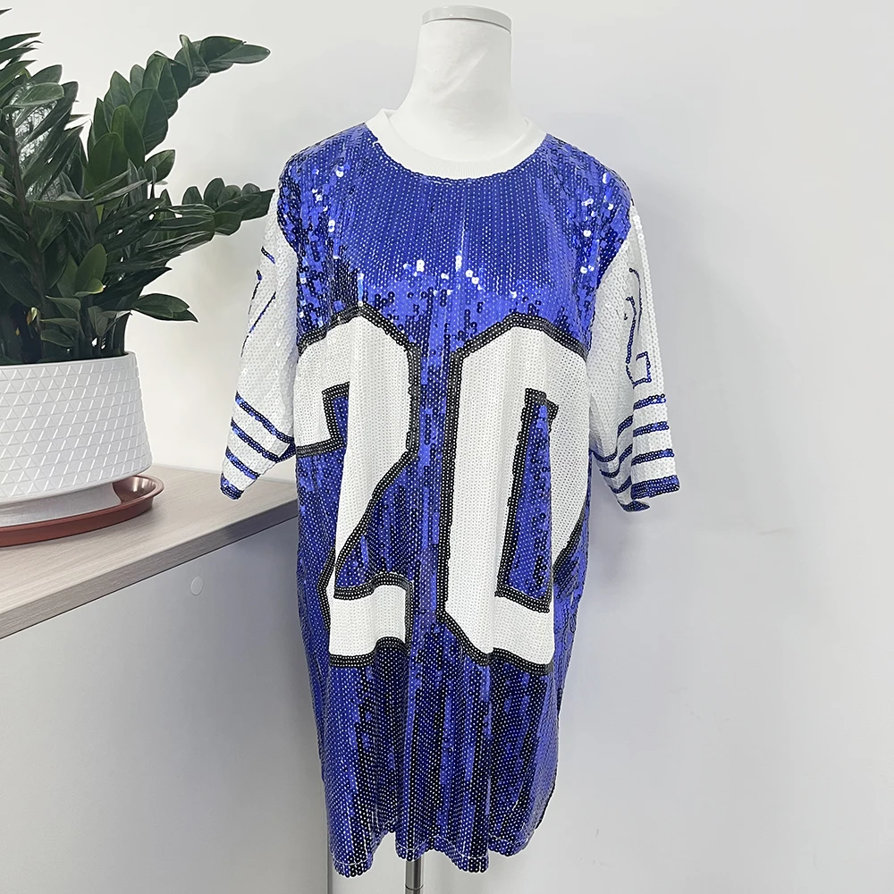 Long O-Neck T-shirt Party Club Blue and White 20 ZETA PHI BETA Sequin Clothing