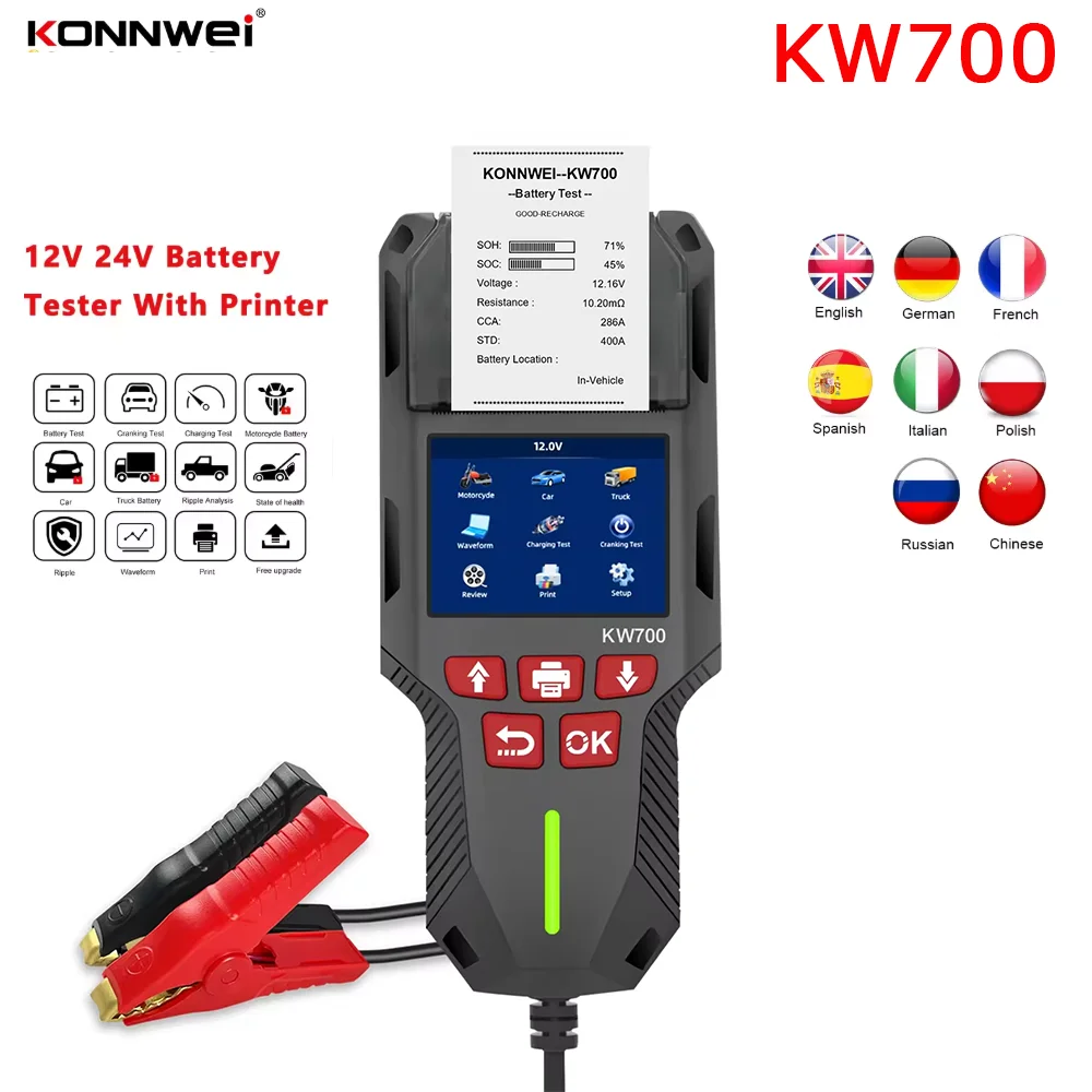 A + KONNWEI KW700 12 فولت 24 فولت جهاز اختبار بطارية مع طابعة التحريك شحن أدوات اختبار محلل البطارية أداة تشخيصية 10-2000CCA #1