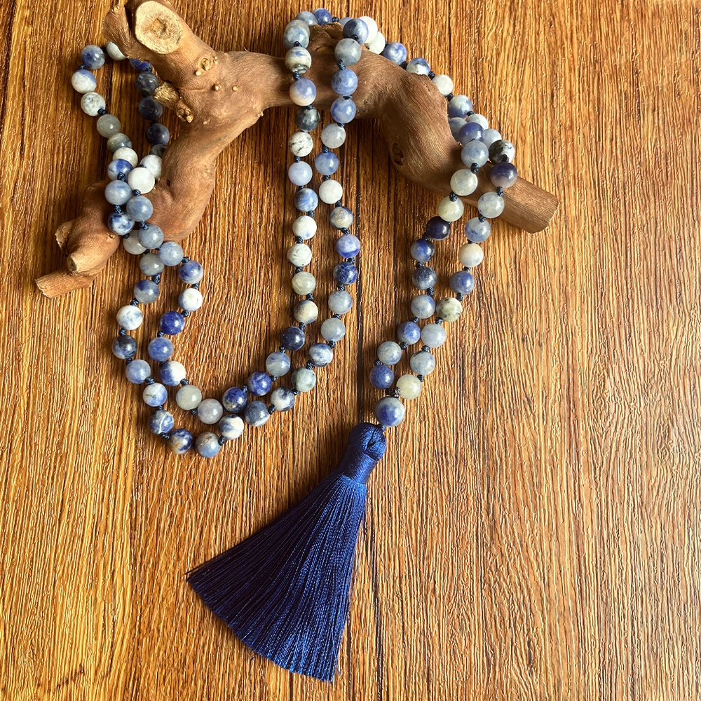 8mm Sodalite 108 Mala Beads Necklace Knotted Japamala Meditation Prayer Rosary for Men and Women view 3