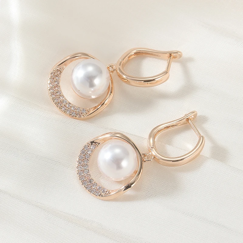 Elegant Charm Imitation Pearl Shiny Rose Golden Dangle Earrings for Women Fashion Luxury Wedding Anniversary Jewelry Accessories