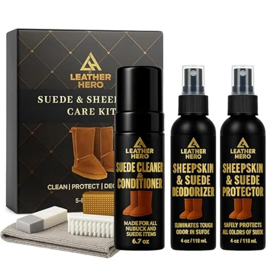 

Leather Hero Suede and Sheepskin Cleaning Kit Compatible with UGG Boots Foam Cleaner and Conditioner Water and Stain Protector