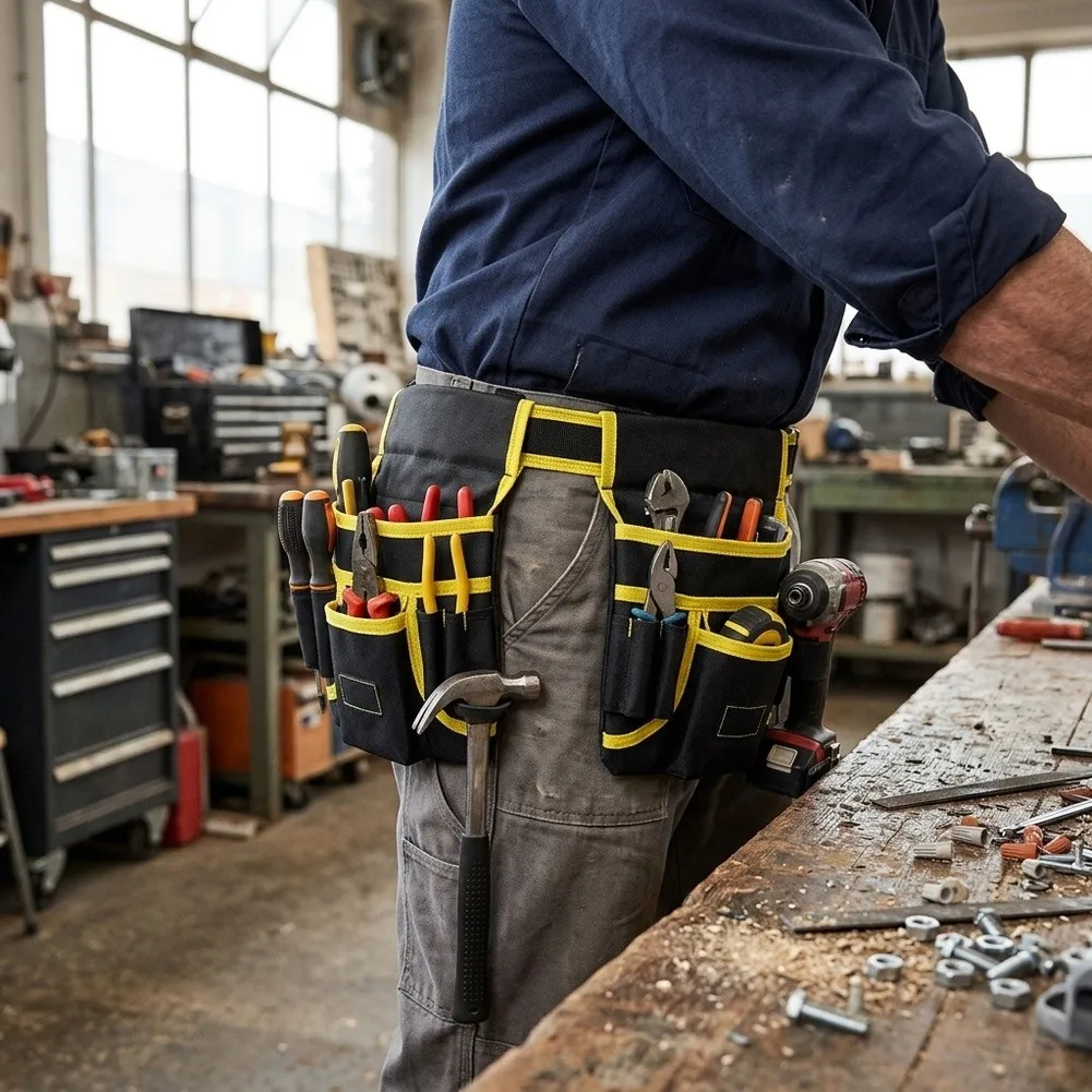 Electrician Work Belt with Comprehensive Tool Storage Solutions and Extended Design 26x25x5cm Yellow Waist Bag