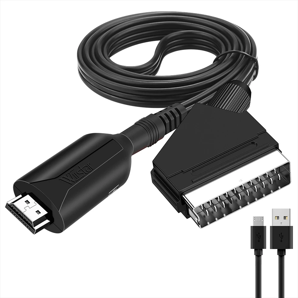 Adapter HDMI do SCART Audio wideo konwerter kabel 1m wsparcie PAL/NTSC dla HDTV DVD Box konwerter sygnału SCART z kablem zasilającym