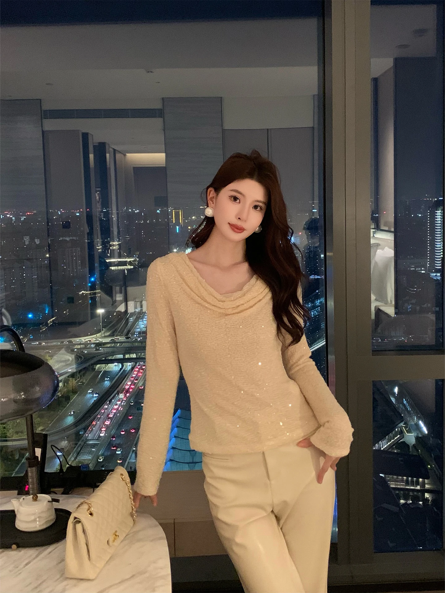 

Kun Total Women's Knitted Base irt Neon Dr Series Heavy Work Sequin Elastic Knit Slim Fit Long Sve Casual Sle