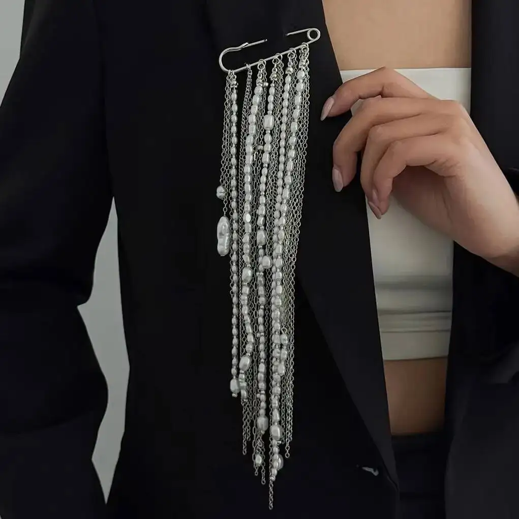 SHIXIN 2026 Exaggerate Long Imitation Pearl Tassel Chain Brooch Women Handmade Bead Chain Multi Functional Fixed Pin Pants Decor