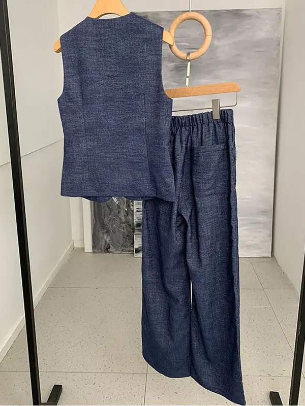 Elegant Office Commute Denim Blue 2 Piece Set Women Summer Retro Sleeveless Vest Tops Elastic High Waist Pants Chic Casual Suits