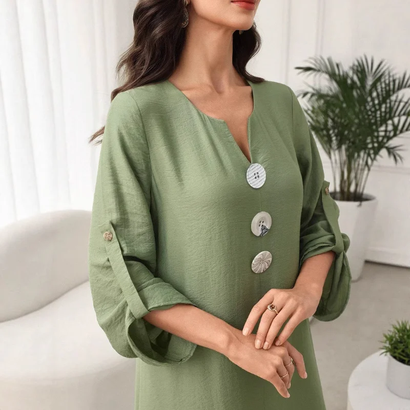 فستان نسائي كاجوال جديد فضفاض برقبة على شكل حرف V مريح بلون سادة وأكمام طويلة