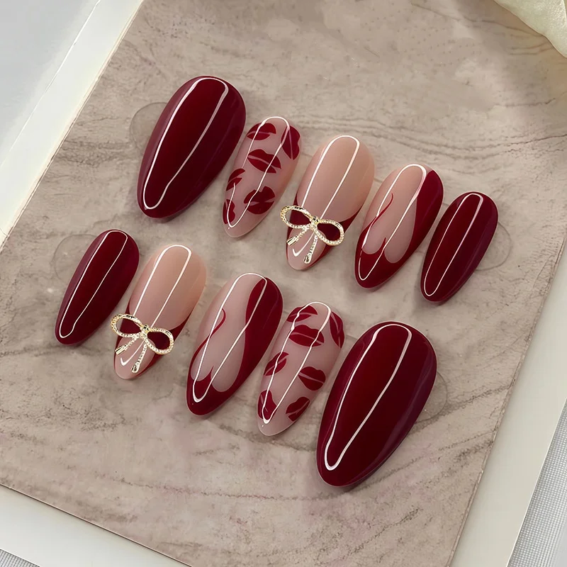 

24Pcs Wine Red Lip Print Heart False Nails Mid-length Almond Press on Fake Nails 3D Bow Rhinestone Wearable Full Cover Nail Tip