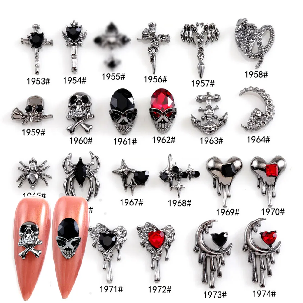 10Pcs Halloween Retro Dark Style Nail Charms 3D Alloy Heart Nail Art Accessories Cross  Skull Spider Snake Gems Scary Nail Parts