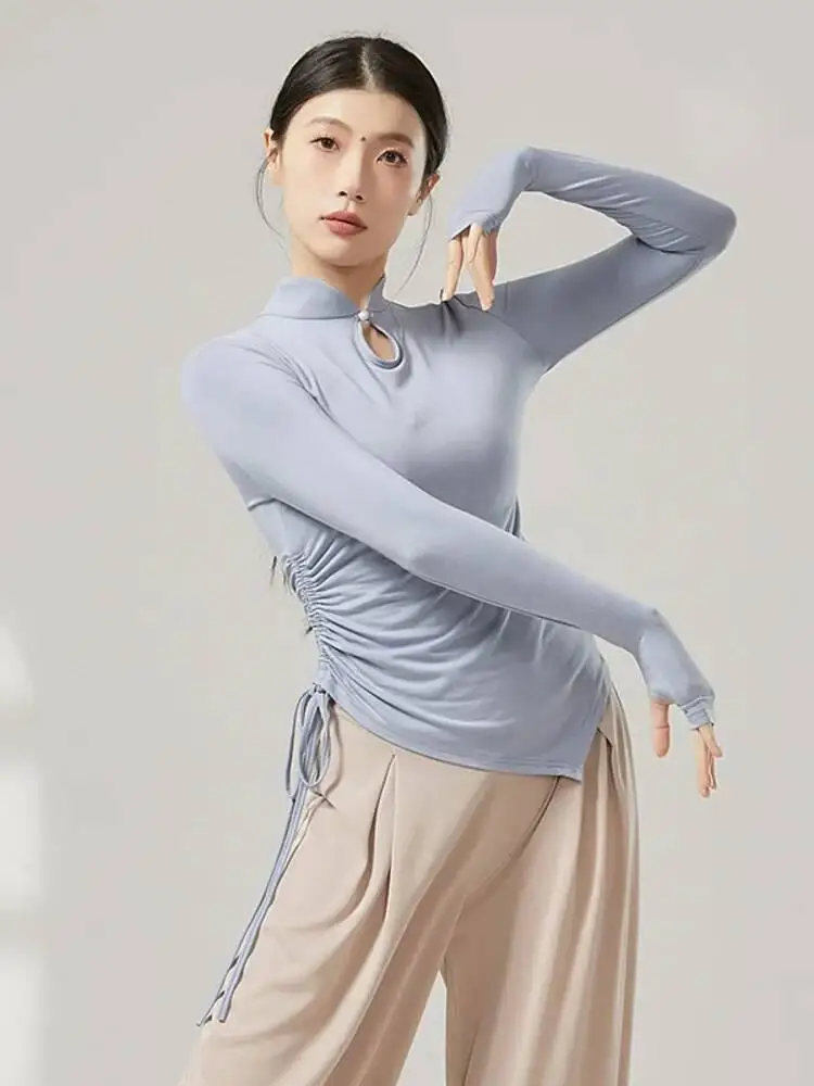 Costume da prova per pratica di scena da donna, danza classica, vestibilità slim, colletto alto, dettaglio con coulisse, tinta unita, camicia a maniche lunghe