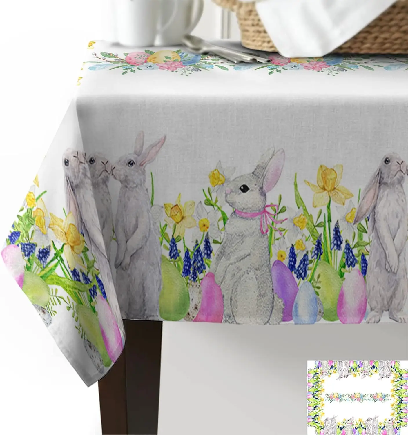 Easter Bunny Eggs Flowers Rectangle Waterproof Tablecloth Party Decor Spring Farmhouse Kitchen Tablecloth Easter Decorations