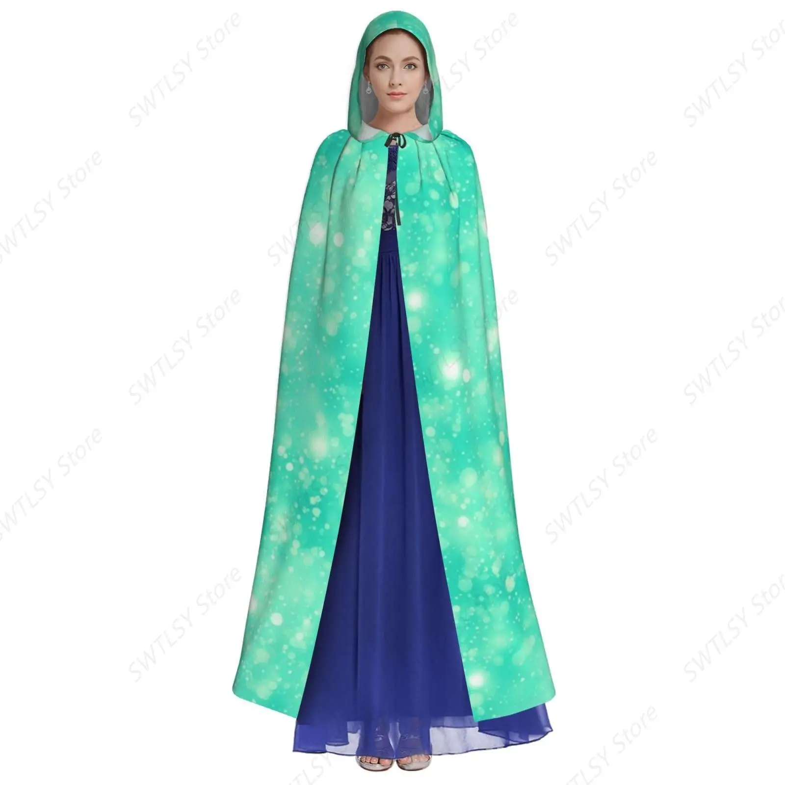 Halloween Hooded Cloak Women Men Halloween Cape Wizard Witch Costume Compatible with Turquoise Mint Green Sparkling Glitters