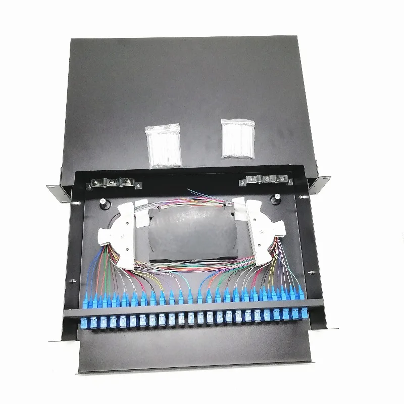 Good Quality Factory Directly Ftth 12/24/48 Cores 1U/2U SC/LC/FC/ST Rack Mount Type ODF Fiber Optic Patch Panel for FTTX Network