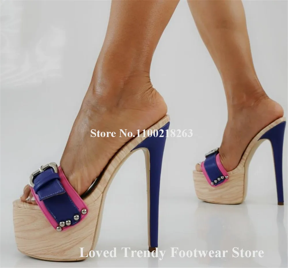 

Sexy Patchwork Wooden High Platform Stiletto Heel Slippers Open Toe Blue Buckles Thin Heel Sandals Party Heels Big Size