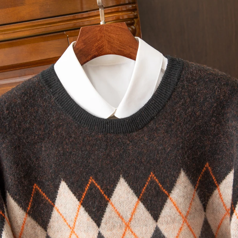Autumn And Winter New 100% Wool Men's Thick Sweater Jacquard Round Neck Loose Casual Knitting Bottoming Shirt