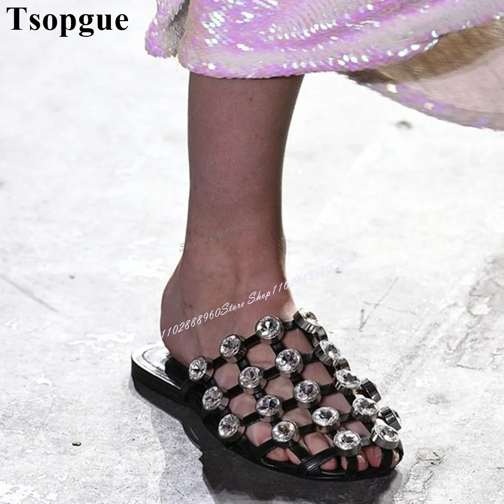 Runway Black Narrow Band Crystal Decor Half Slippers Flat With Women Shoes Slip-On Round Toe 2024 Fashion Zapatos Para Mujere