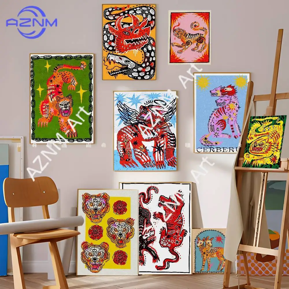 

Folk Art Animal Abstract Paintings DIY Sticky Poster Vintage Room Bar Cafe Decor Home Decor