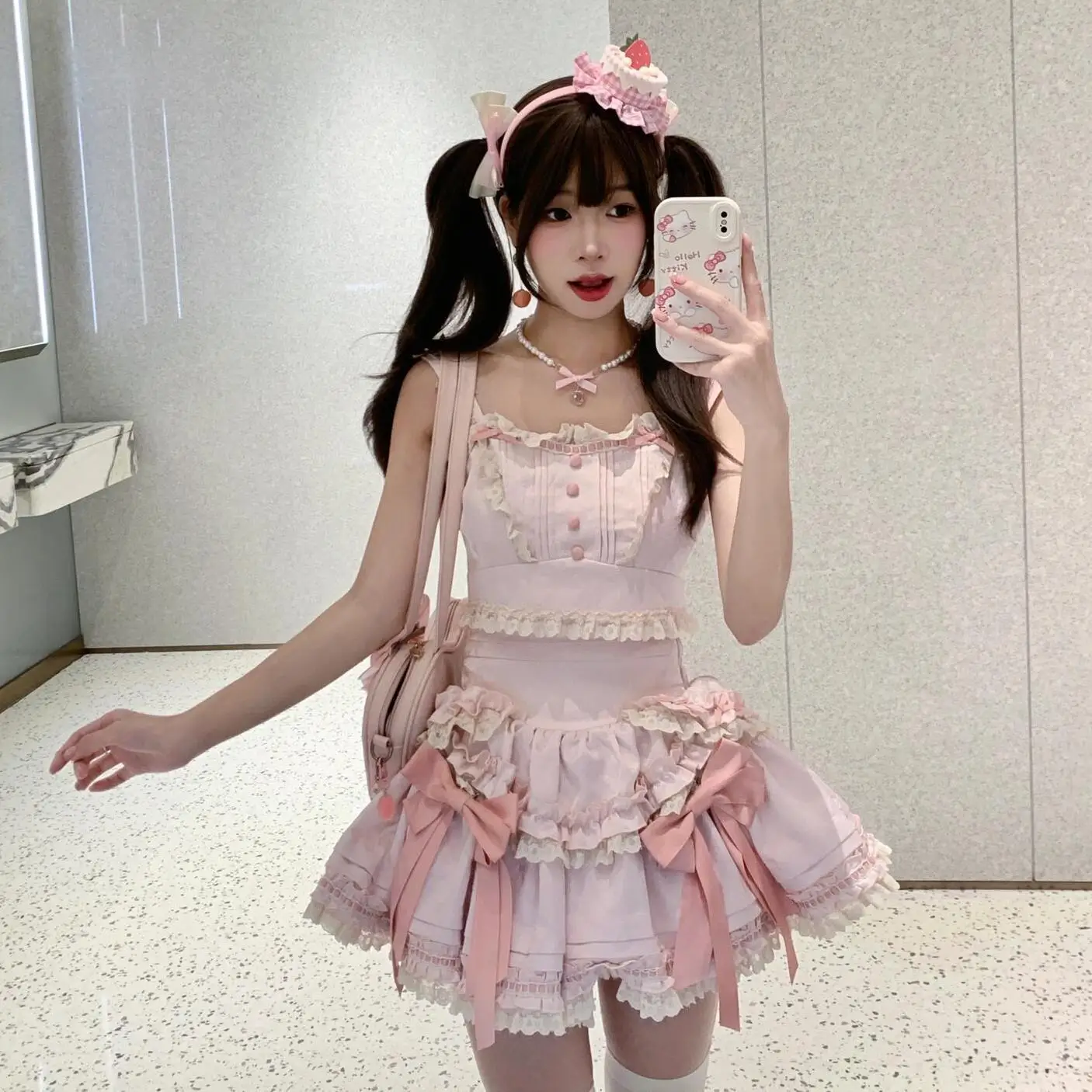

Sweet Girl Cake Short Skirt Set for Women Summer Slimming Camisole Strap Top Puffy Mini Skirts Pink Two Piece Set Women Outfits