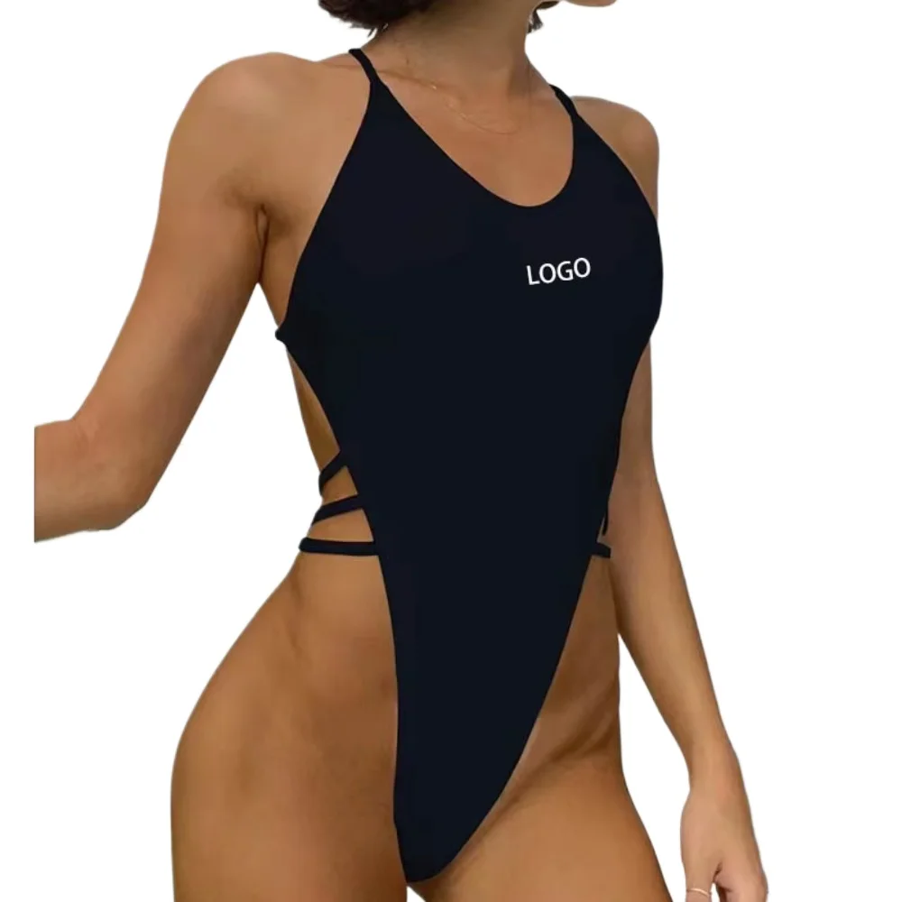 

Пользовательский логотип сексуальный Т-образный пластиковый цельный женский купальник с перекрестной спинкой и высокой талией бикини Бикини