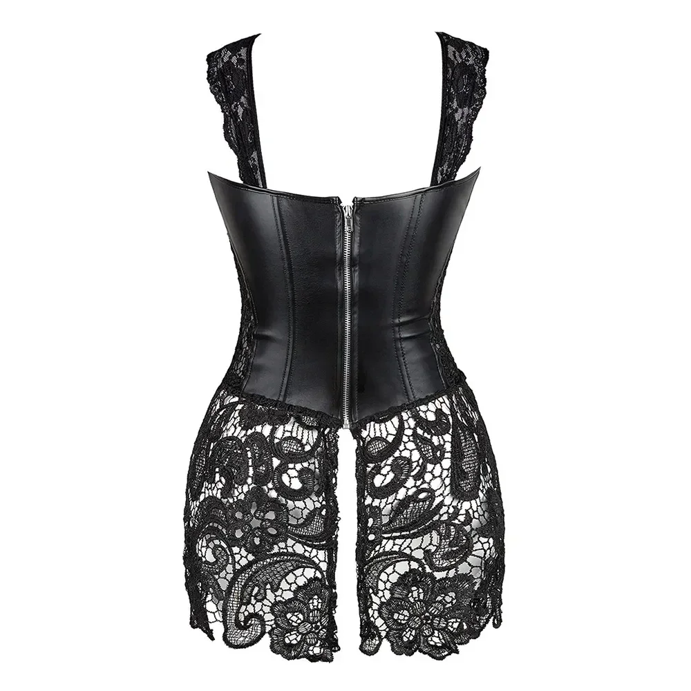 Women's Steampunk Gothic Overbust Corset Dress Lace Up Zipper Back Punk Faux Leather Bustier Lingerie Plus Size