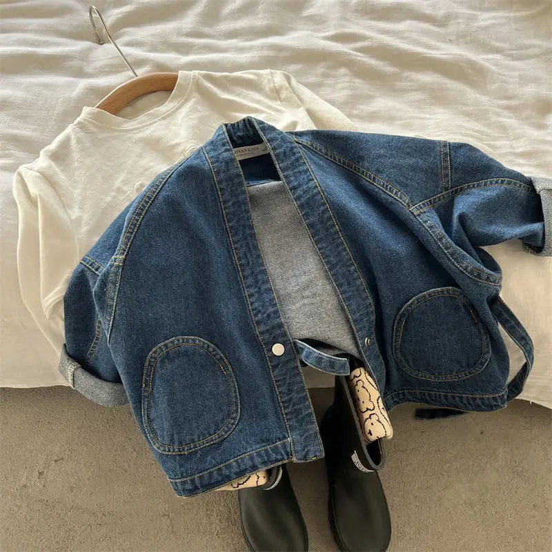 Baby Boy Coat New Small and Medium Children Coat Tie Cotton Denim Jacket Comfortable Casual Oxford Sky Blue Denim Coat Top